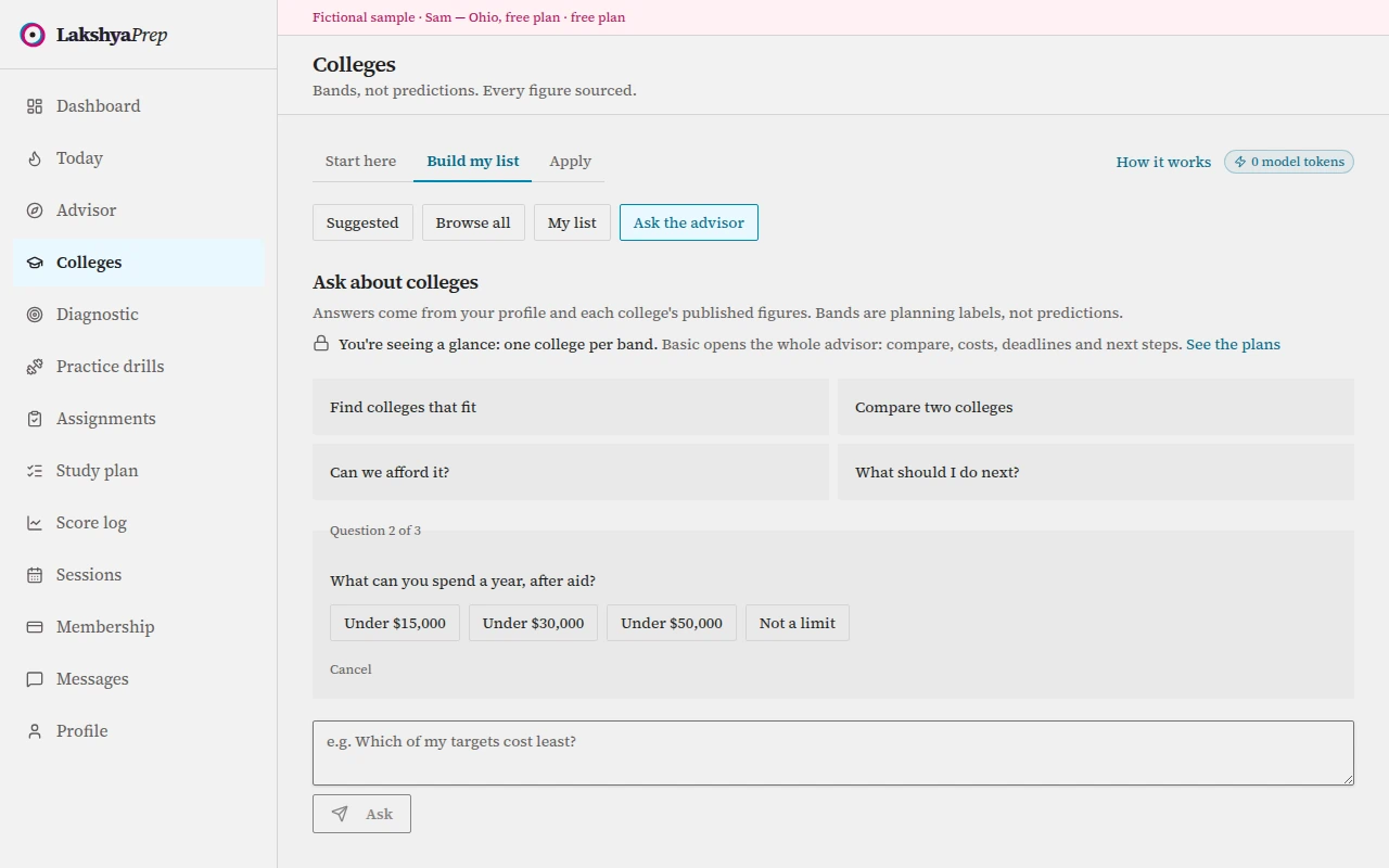 The advisor's three-question interview with answer buttons for priority, yearly cost and location.