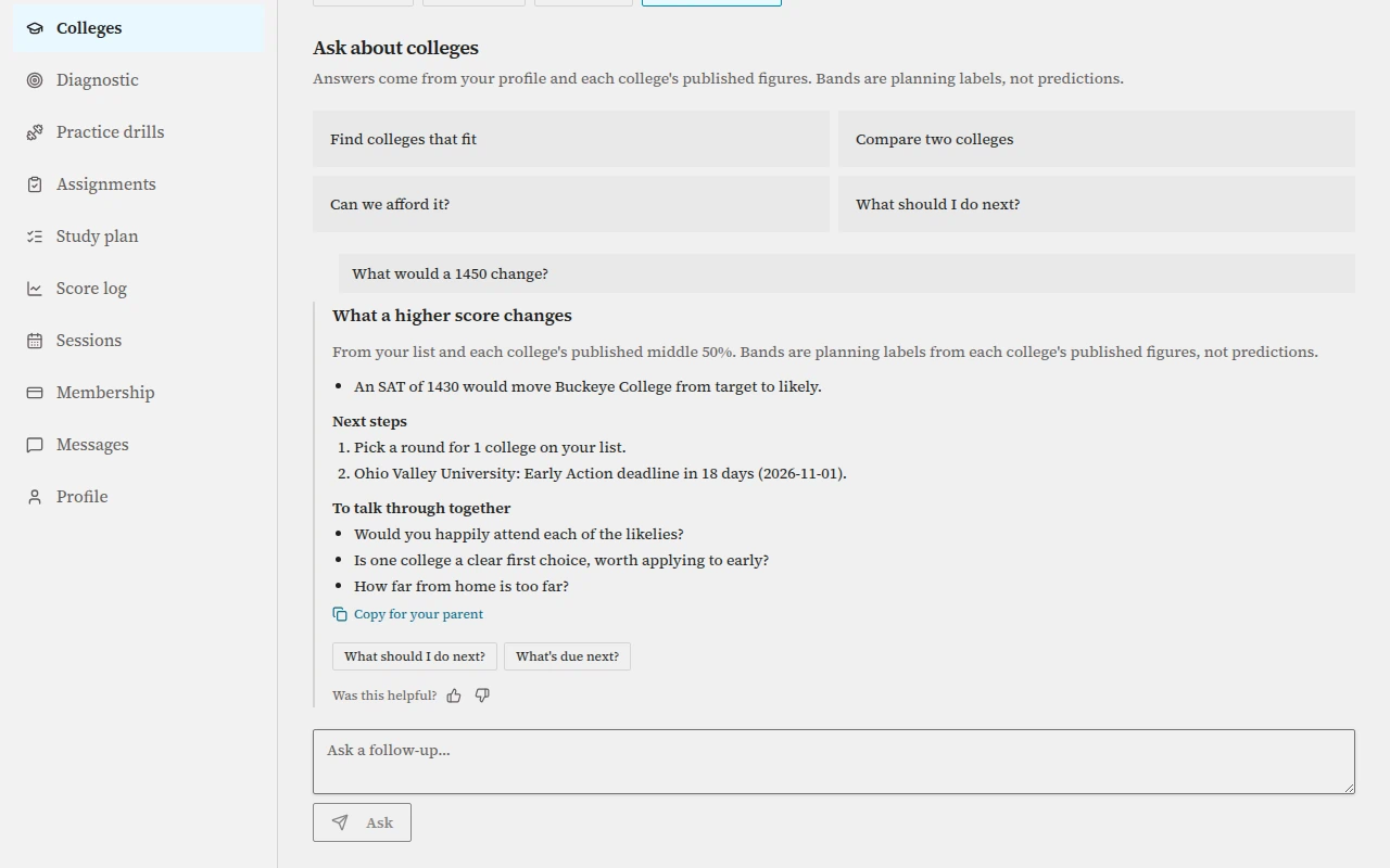 The score what-if listing sample saved colleges that would move bands at higher test scores.