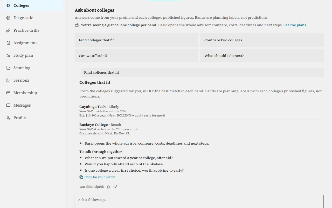 The free preview showing one sample college per band and a note on what the Basic plan unlocks.
