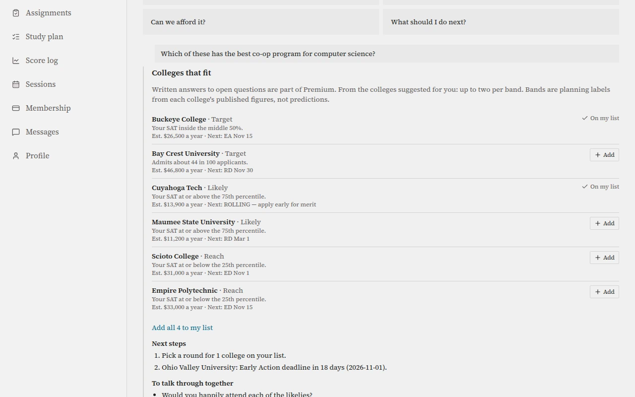 An open question answered from the college list, with a note that written answers come with Premium.